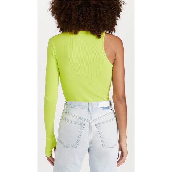 AGolde Bea Asymmetric Cutaway Thong Bodysuit Lime Green Thumb Hole Size Large - Picture 3 of 16